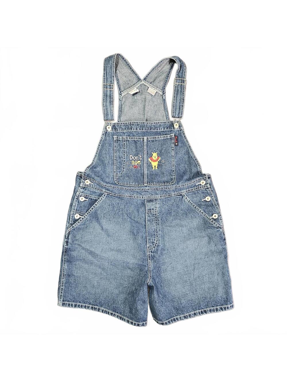 Disney Winnie Pooh Bear Denim Shorts Womens Overalls L Tigger Vintage Blue